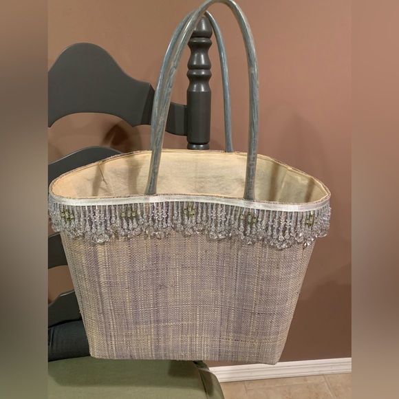 Fully lined woven tote with beaded detail. - Picture 1 of 5